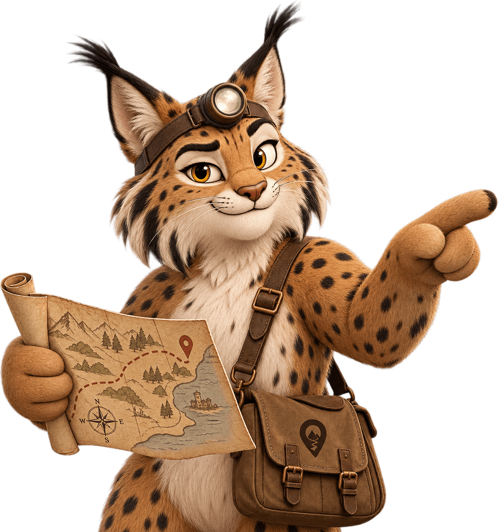 Secre, la mascota de Mapa Secreto: un lince ibérico explorador con linterna frontal y mapa, señalando hacia el mapa
